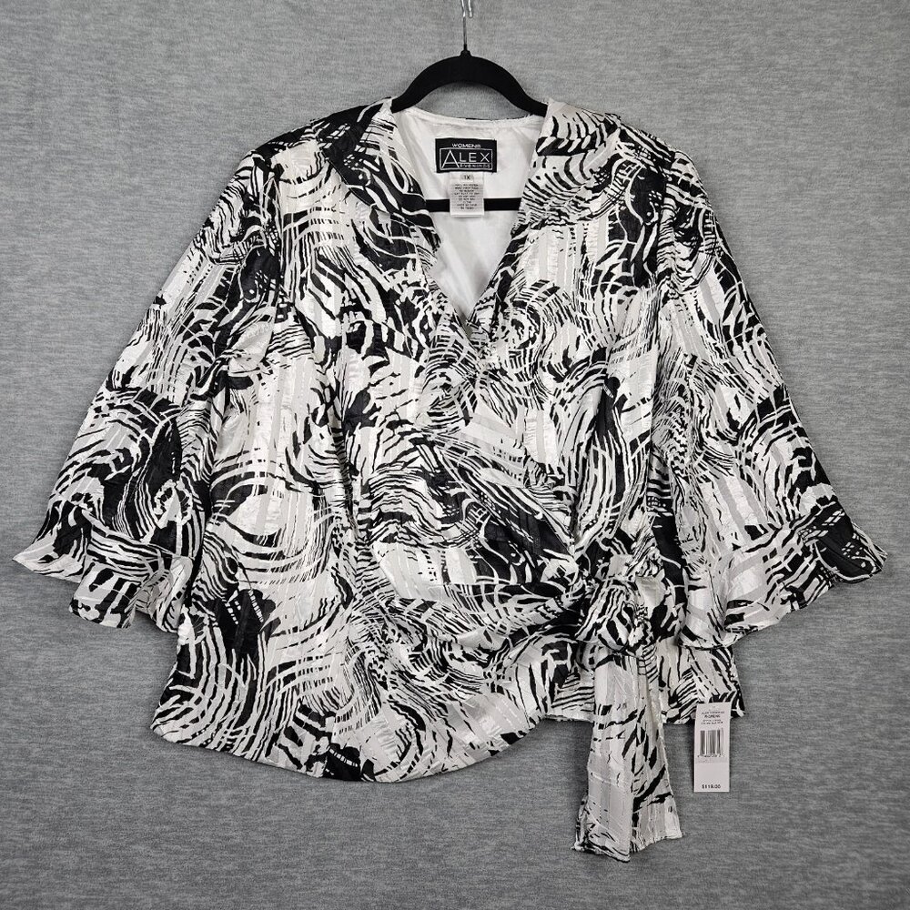 ALEX Evenings Women's Black White Floral Lining Wrap Top Size 1X NEW